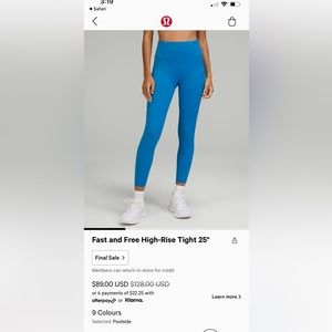 Lululemon Fast and Free Tight size 8 Blue